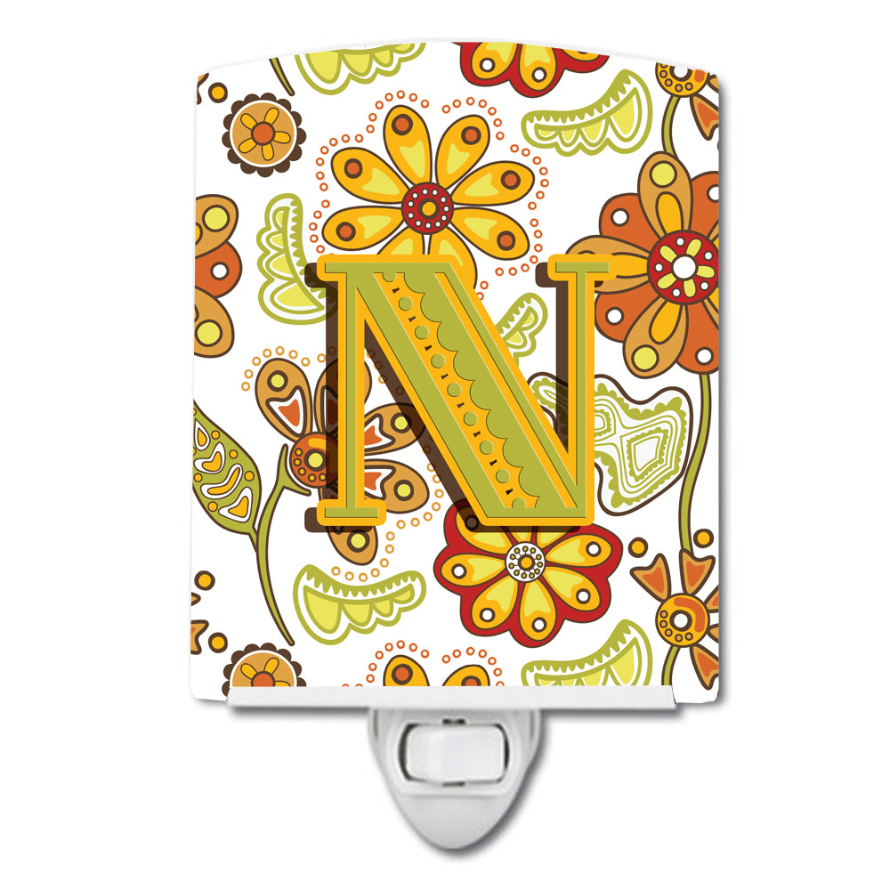 Letter N Floral Mustard and Green Ceramic Night Light CJ2003-NCNL - the-store.com