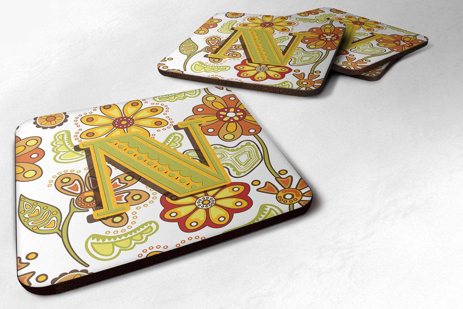 Set of 4 Letter N Floral Mustard and Green Foam Coasters CJ2003-NFC - the-store.com
