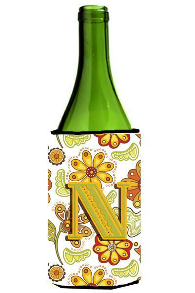 Letter N Floral Mustard and Green Wine Bottle Beverage Insulator Hugger CJ2003-NLITERK by Caroline&#39;s Treasures