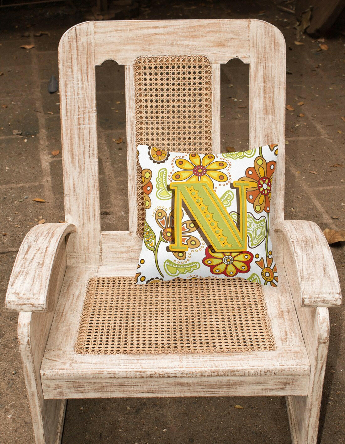 Letter N Floral Mustard and Green Canvas Fabric Decorative Pillow CJ2003-NPW1414 by Caroline's Treasures
