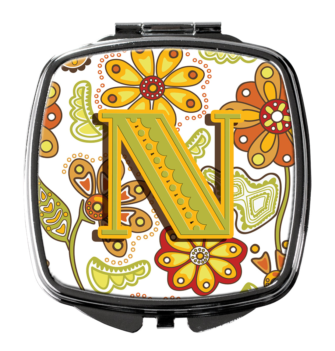 Caroline's Treasures Letter N Floral Mustard and Green Compact Mirror – Stylish Purse Mirror with Artistic Covers CJ2003-NSCM
