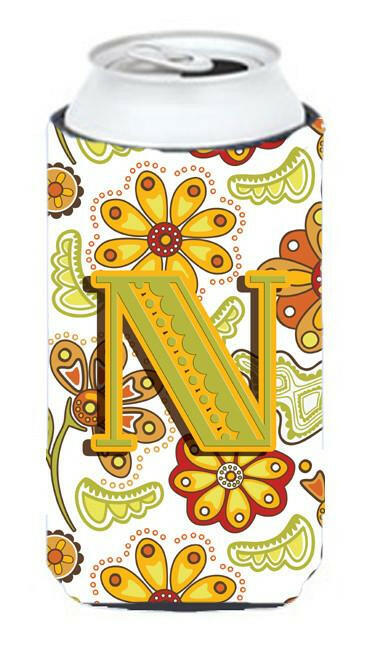 Letter N Floral Mustard and Green Tall Boy Beverage Insulator Hugger CJ2003-NTBC by Caroline&#39;s Treasures