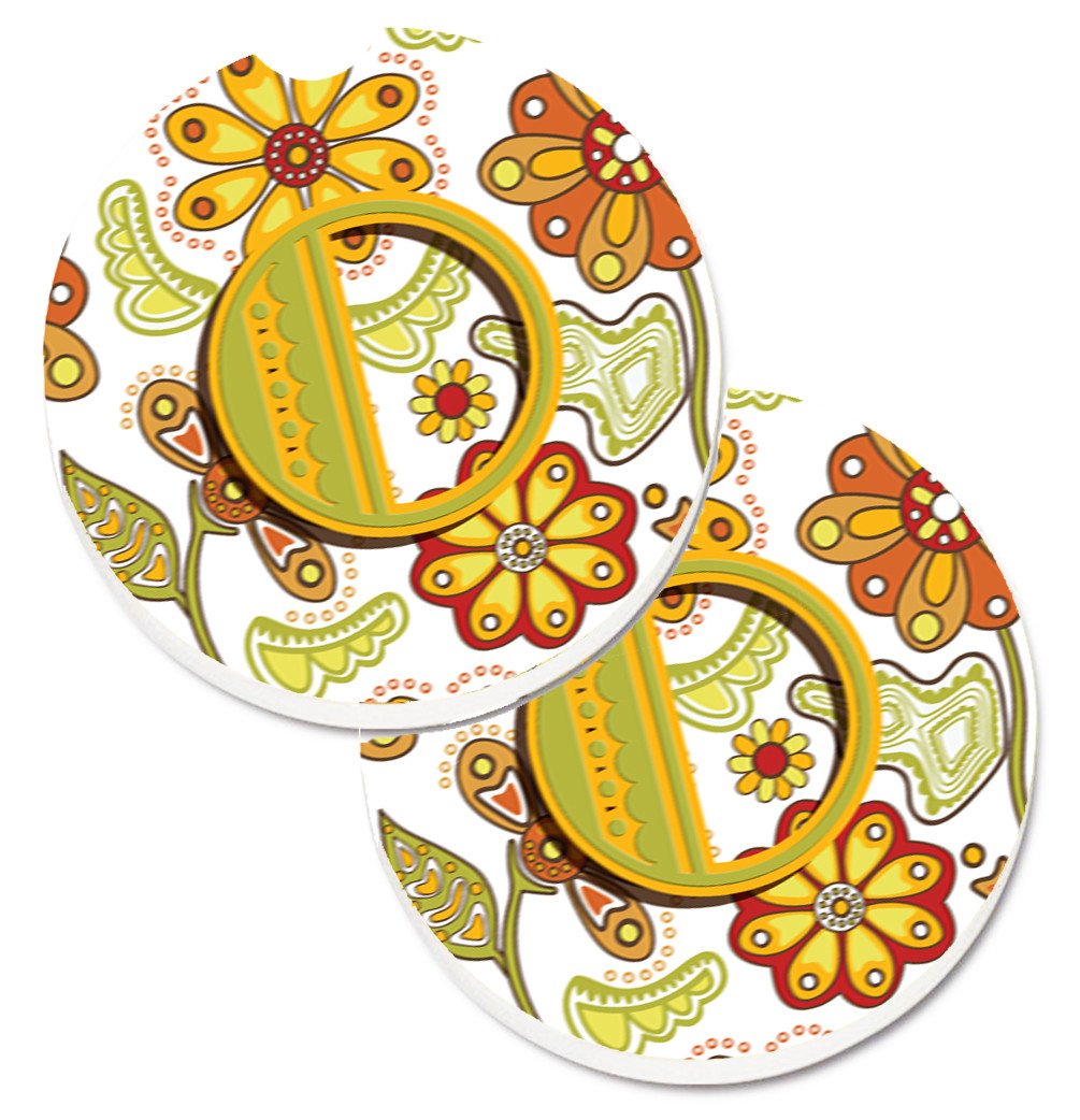 Letter O Floral Mustard and Green Set of 2 Cup Holder Car Coasters CJ2003-OCARC by Caroline's Treasures