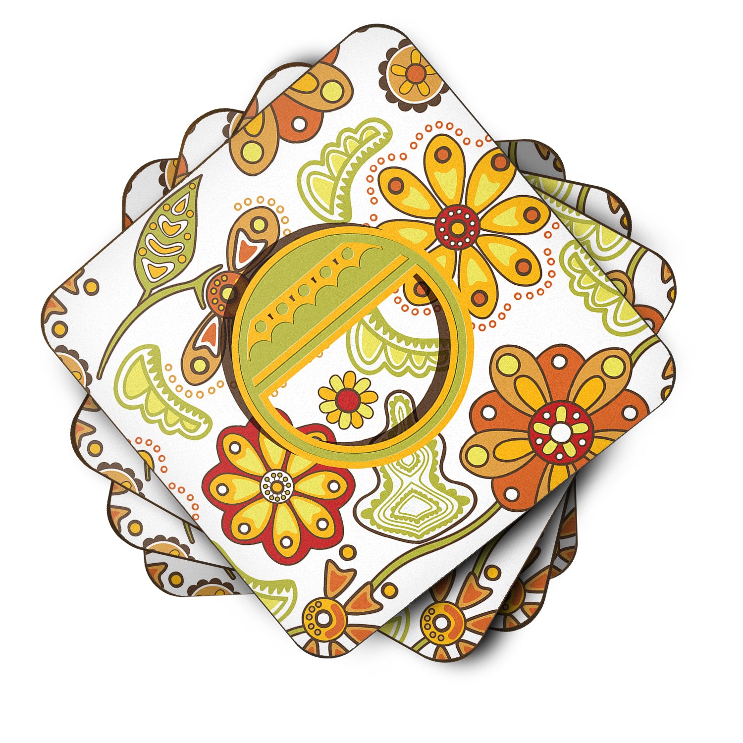 Set of 4 Letter O Floral Mustard and Green Foam Coasters CJ2003-OFC - the-store.com