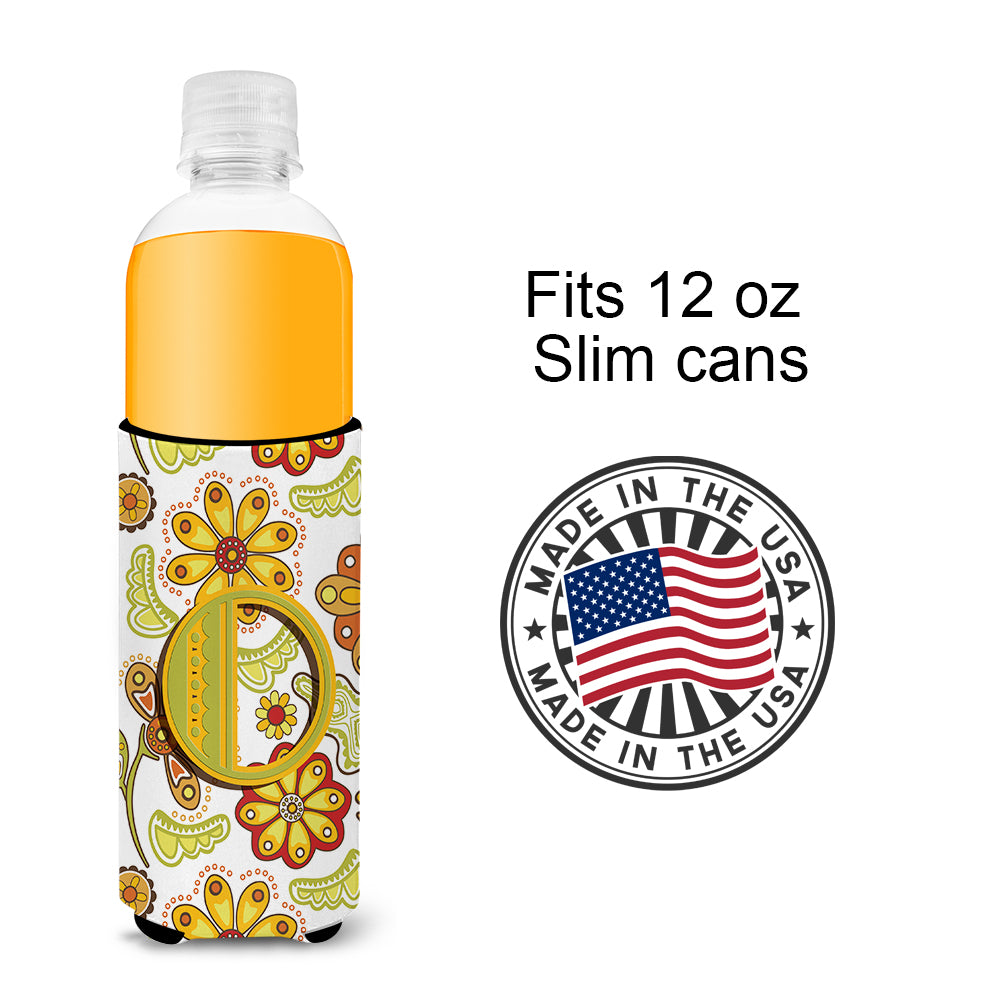 Letter O Floral Mustard and Green Ultra Beverage Insulators for slim cans CJ2003-OMUK.