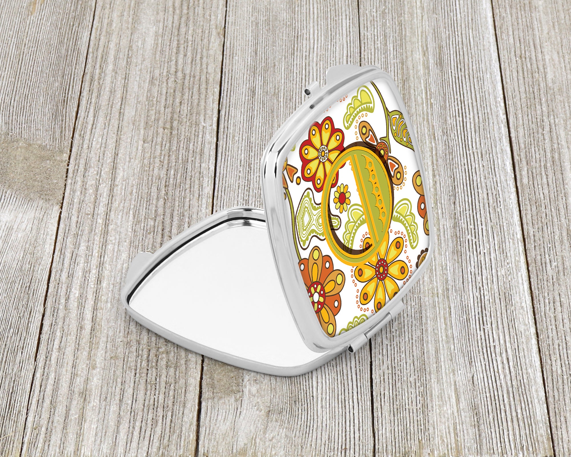 Letter O Floral Mustard and Green Compact Mirror CJ2003-OSCM  the-store.com.