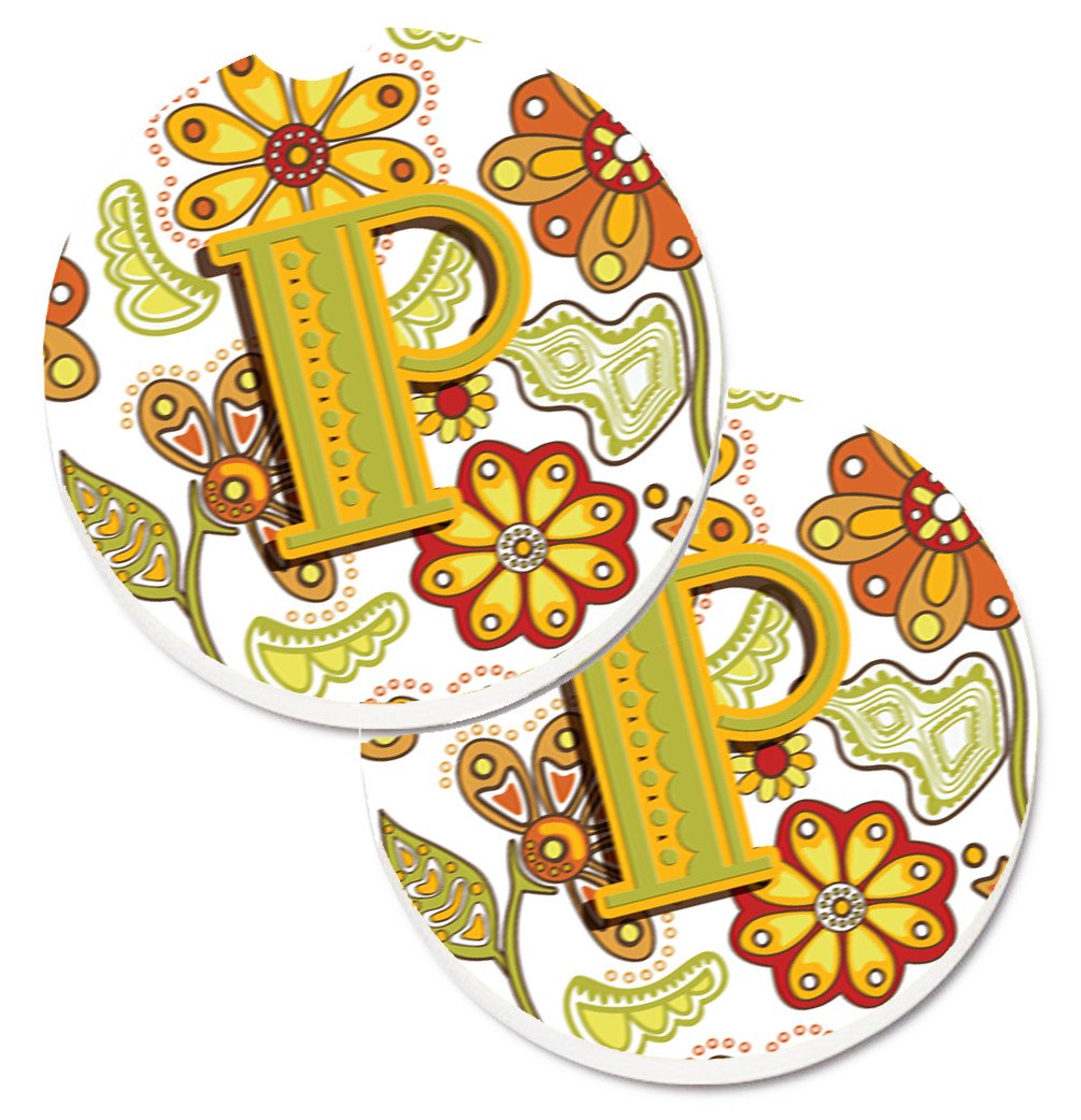 Letter P Floral Mustard and Green Set of 2 Cup Holder Car Coasters CJ2003-PCARC by Caroline&#39;s Treasures