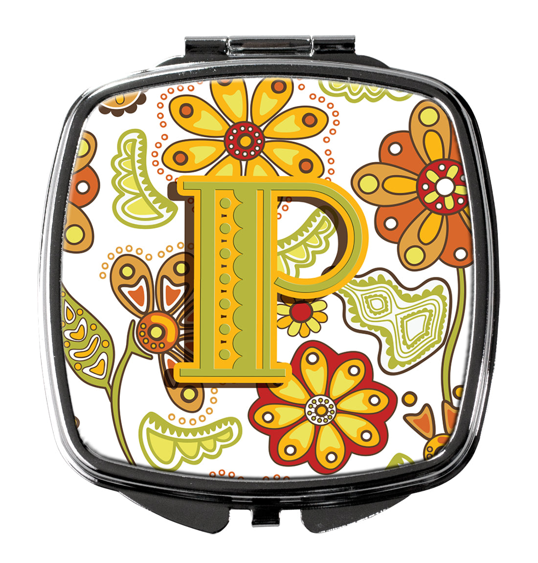 Letter P Floral Mustard and Green Compact Mirror CJ2003-PSCM  the-store.com.