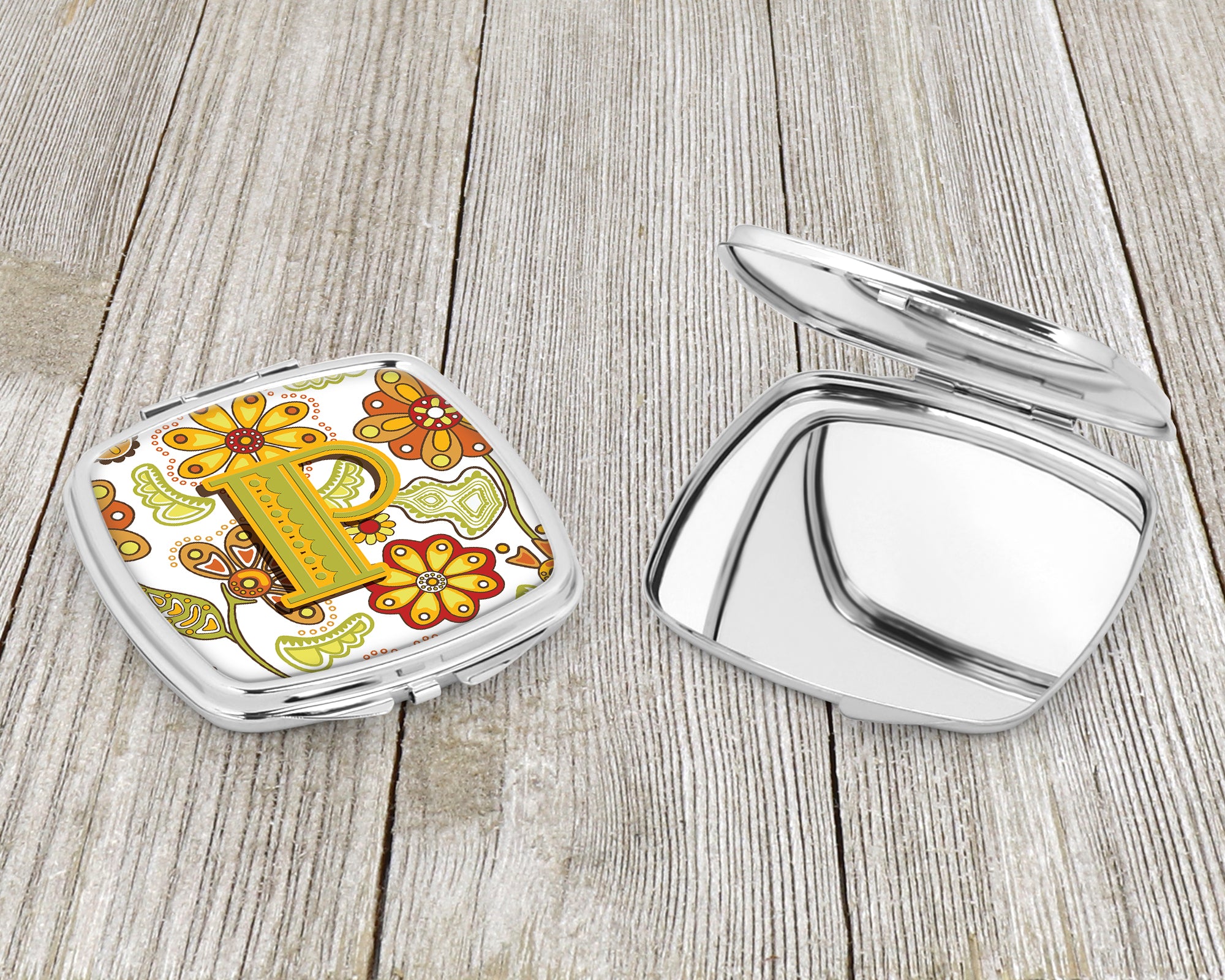 Letter P Floral Mustard and Green Compact Mirror CJ2003-PSCM  the-store.com.