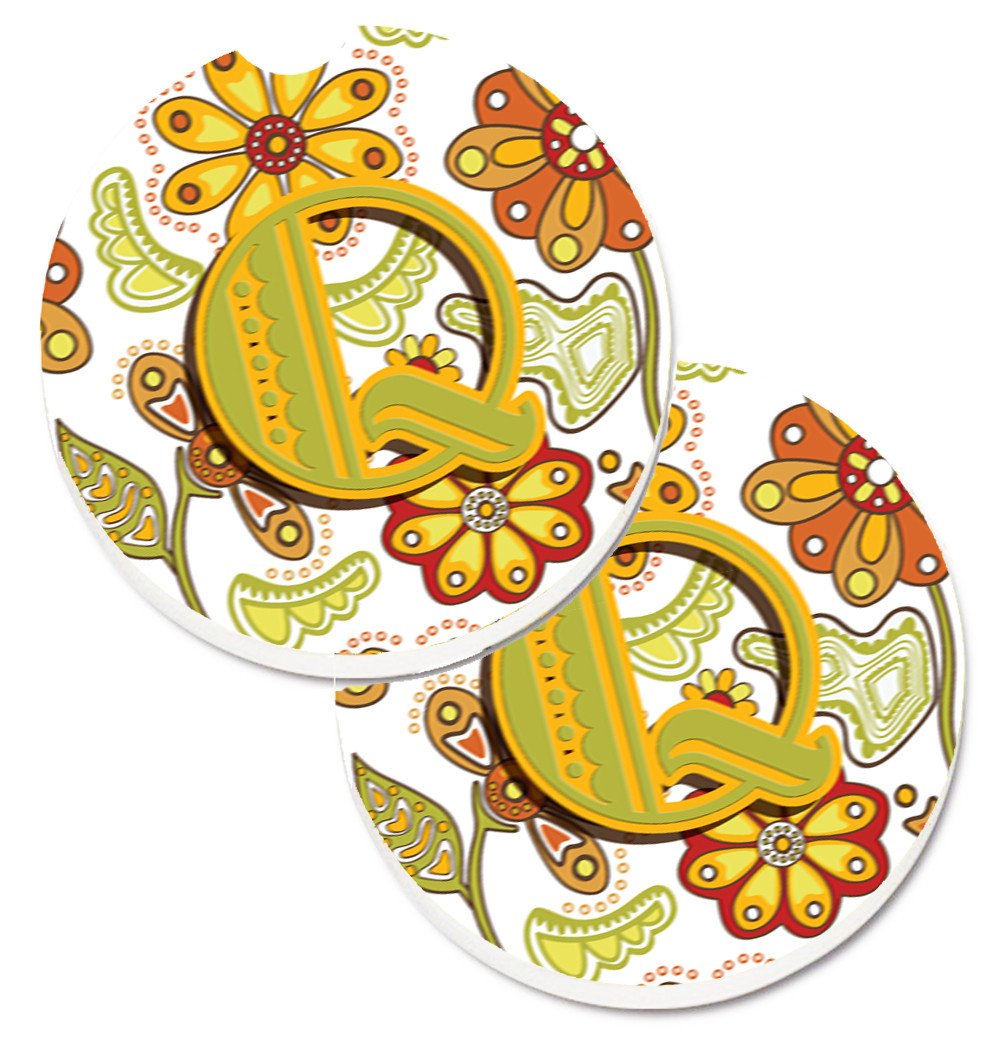 Letter Q Floral Mustard and Green Set of 2 Cup Holder Car Coasters CJ2003-QCARC by Caroline&#39;s Treasures