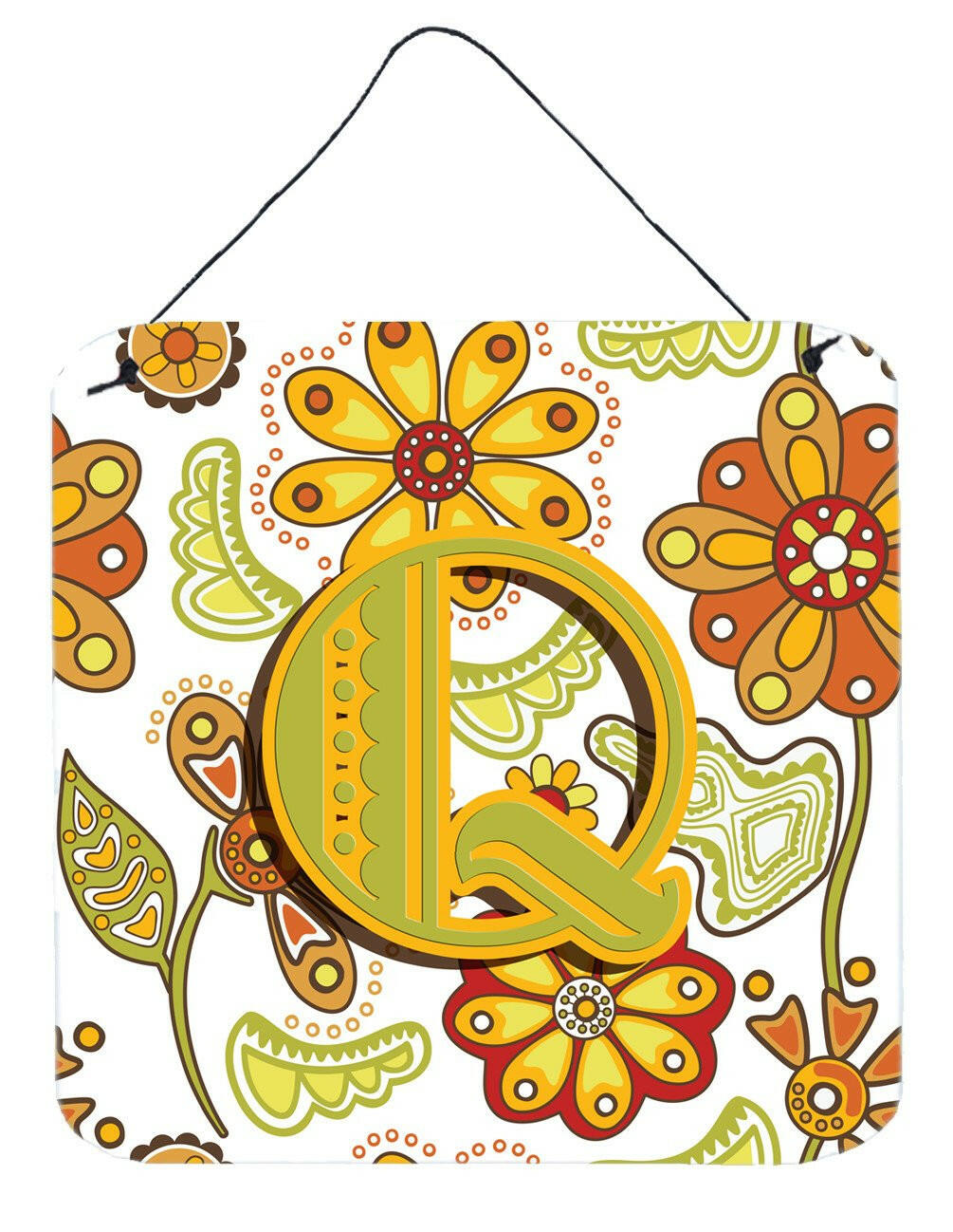 Letter Q Floral Mustard and Green Wall or Door Hanging Prints CJ2003-QDS66 by Caroline&#39;s Treasures