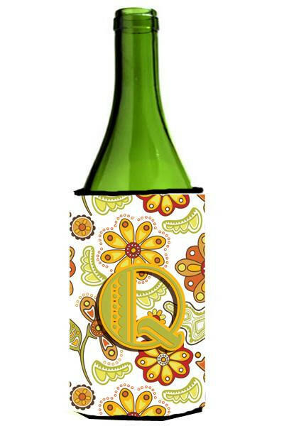 Letter Q Floral Mustard and Green Wine Bottle Beverage Insulator Hugger CJ2003-QLITERK by Caroline&#39;s Treasures