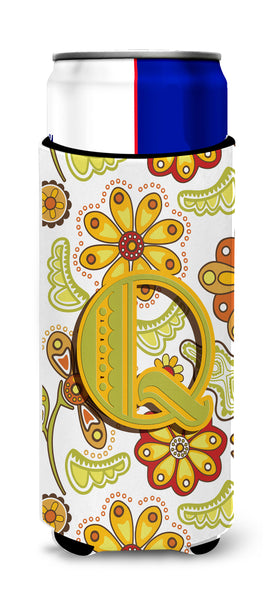 Letter Q Floral Mustard and Green Ultra Beverage Insulators for slim cans CJ2003-QMUK