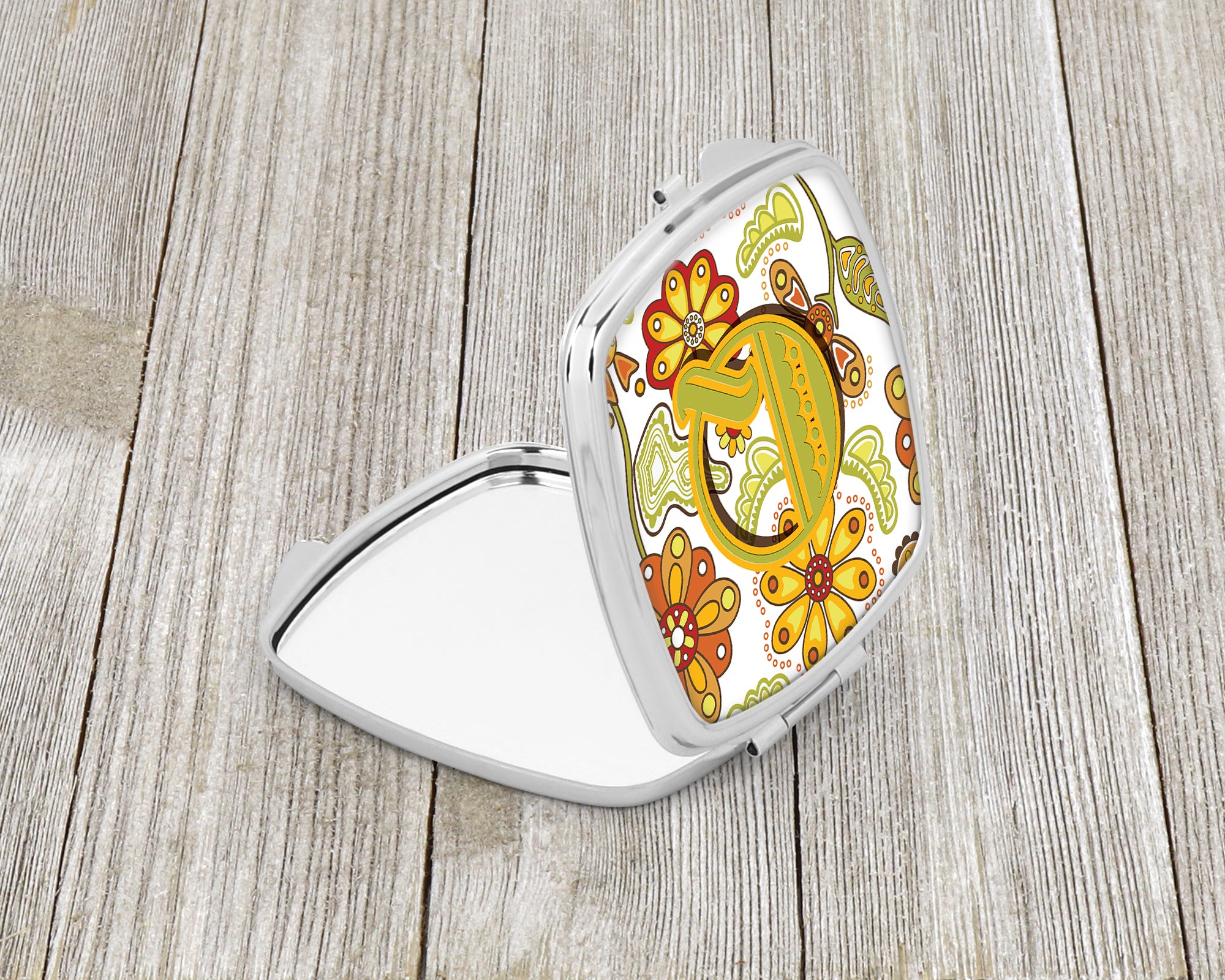 Letter Q Floral Mustard and Green Compact Mirror CJ2003-QSCM  the-store.com.