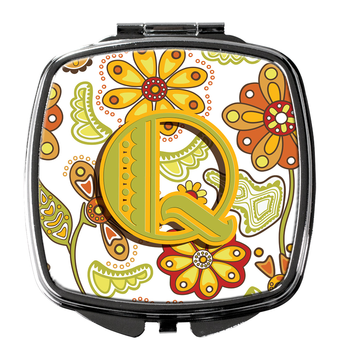 Caroline's Treasures Letter Q Floral Mustard and Green Compact Mirror – Stylish Purse Mirror with Artistic Covers CJ2003-QSCM