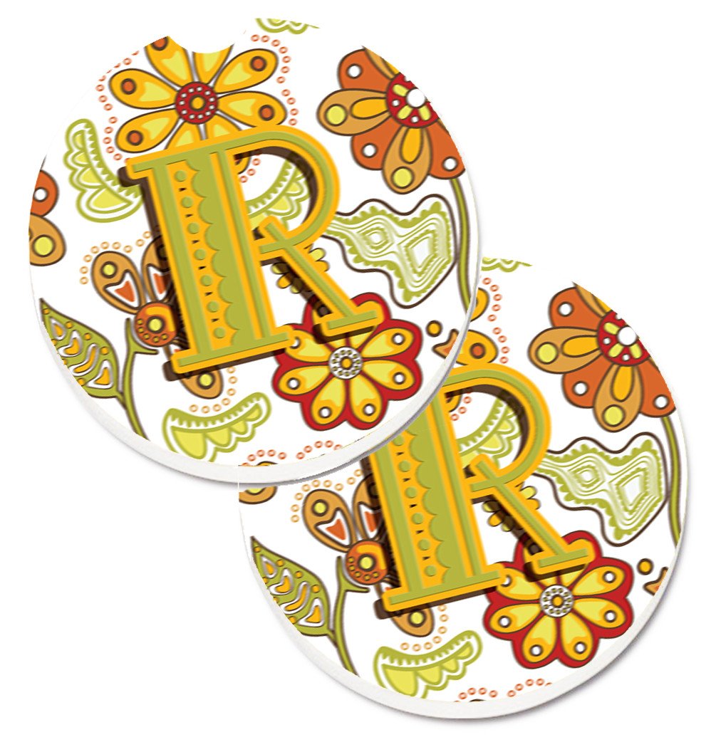 Letter R Floral Mustard and Green Set of 2 Cup Holder Car Coasters CJ2003-RCARC by Caroline's Treasures