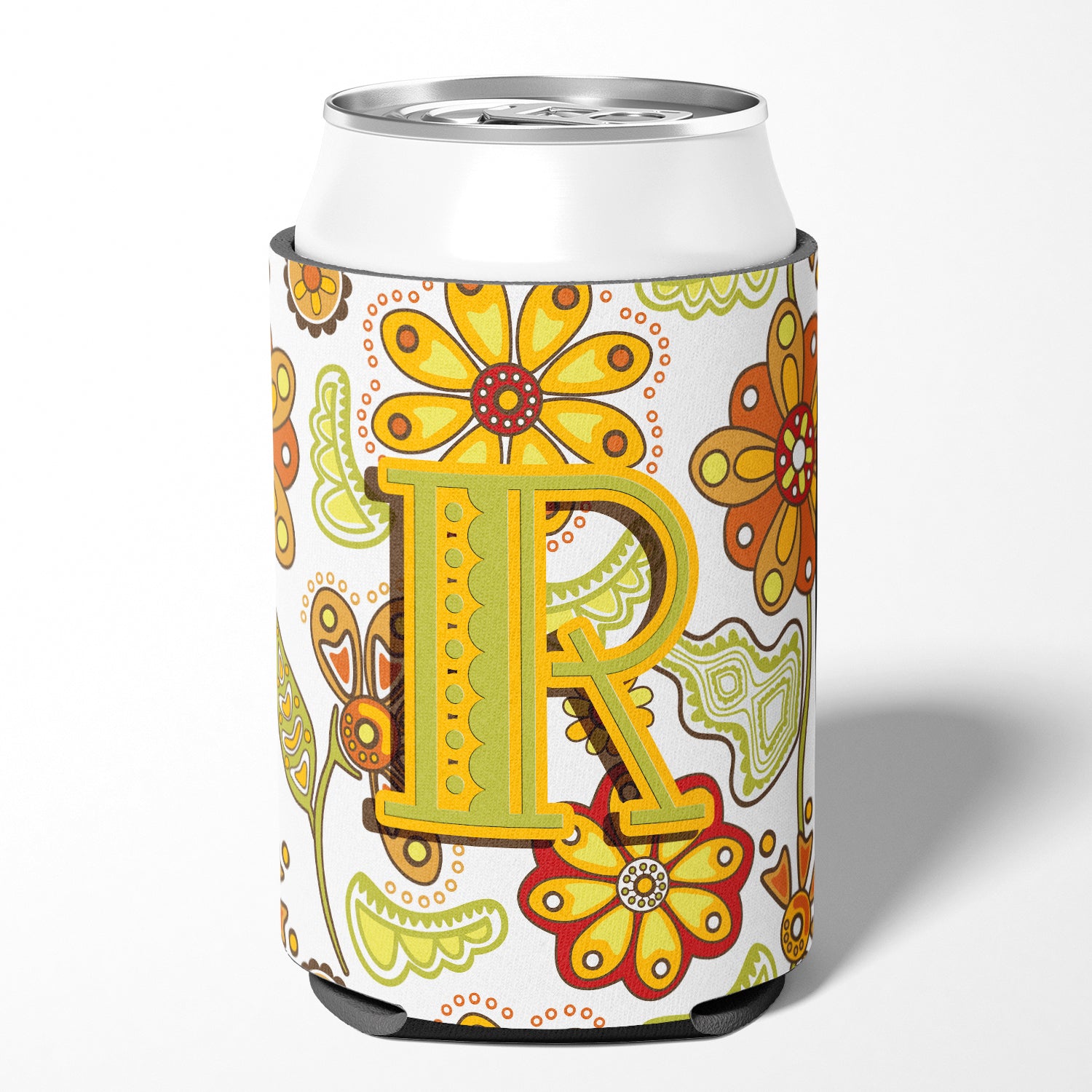 Letter R Floral Mustard and Green Can or Bottle Hugger CJ2003-RCC