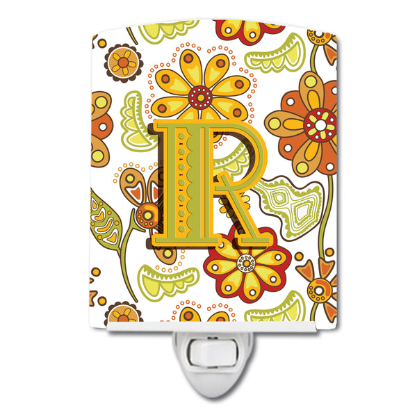 Letter R Floral Mustard and Green Ceramic Night Light CJ2003-RCNL - the-store.com