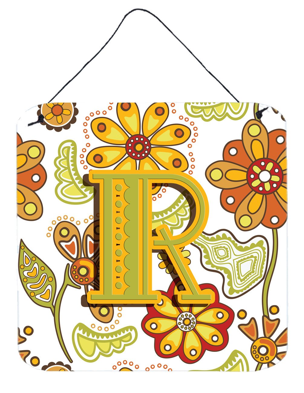 Letter R Floral Mustard and Green Wall or Door Hanging Prints CJ2003-RDS66 by Caroline's Treasures