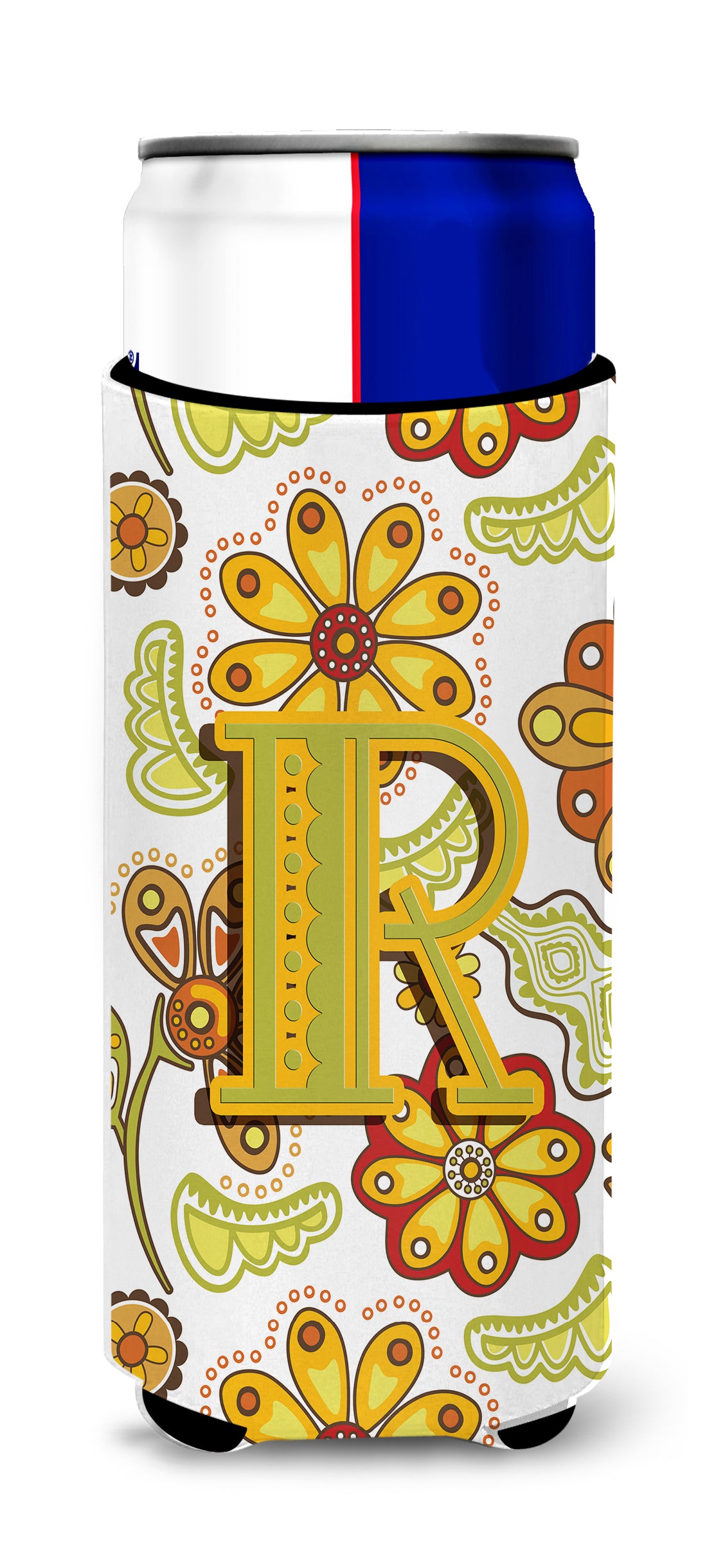 Letter R Floral Mustard and Green Ultra Beverage Insulators for slim cans CJ2003-RMUK.