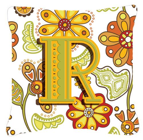 Letter R Floral Mustard and Green Canvas Fabric Decorative Pillow by Caroline's Treasures