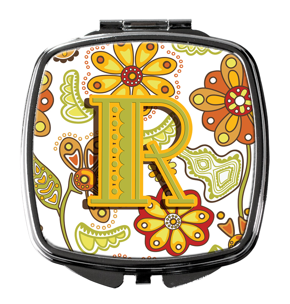 Letter R Floral Mustard and Green Compact Mirror CJ2003-RSCM  the-store.com.