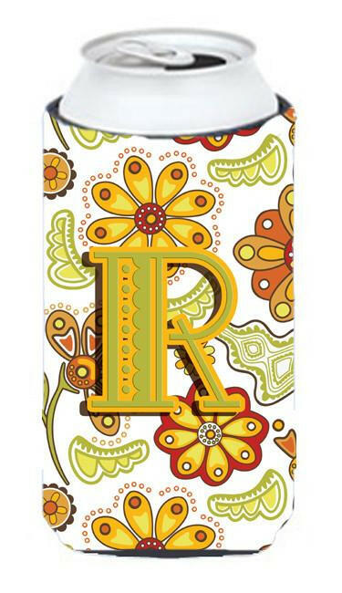 Letter R Floral Mustard and Green Tall Boy Beverage Insulator Hugger CJ2003-RTBC by Caroline&#39;s Treasures