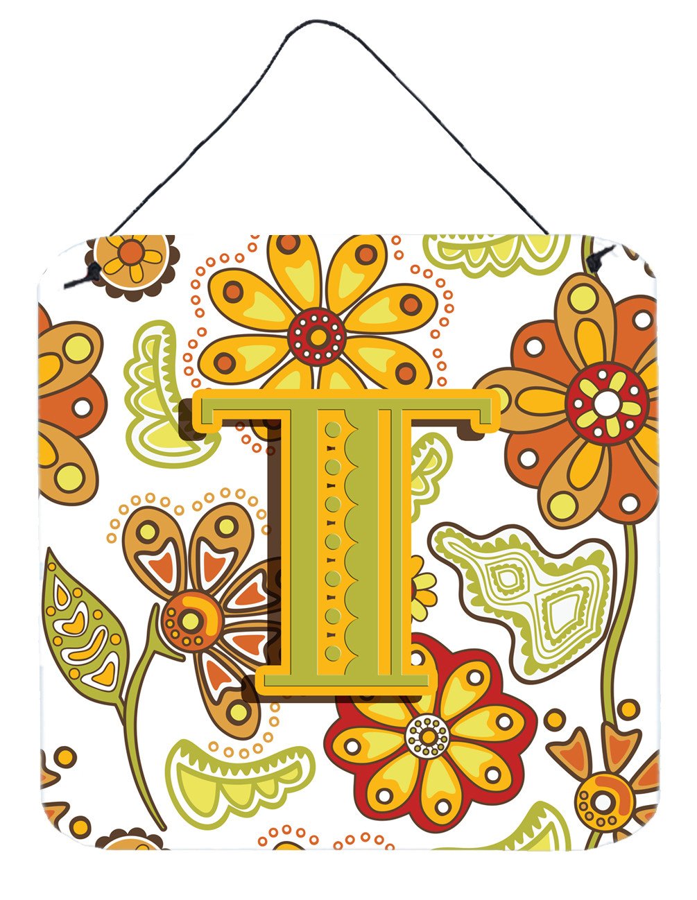 Letter T Floral Mustard and Green Wall or Door Hanging Prints CJ2003-TDS66 by Caroline&#39;s Treasures