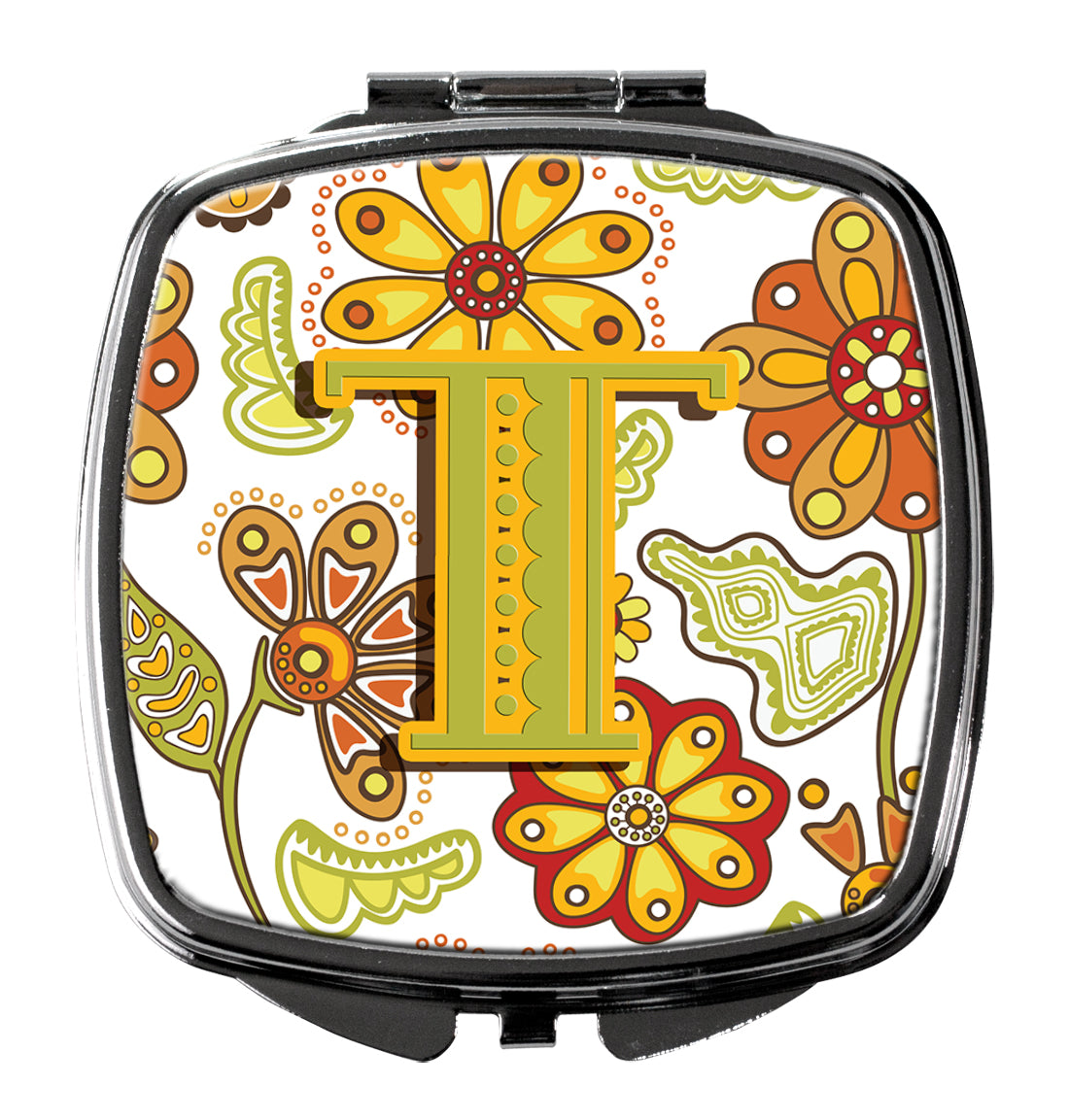 Letter T Floral Mustard and Green Compact Mirror CJ2003-TSCM