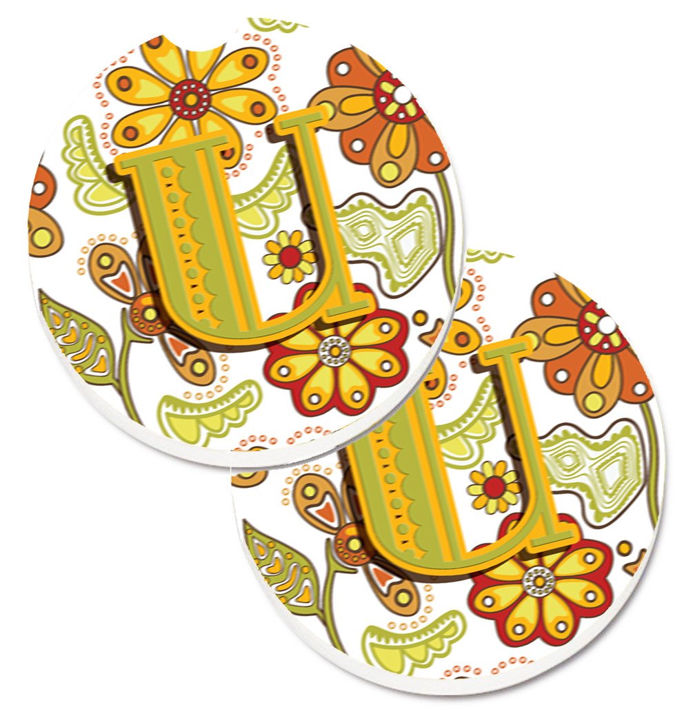 Letter U Floral Mustard and Green Set of 2 Cup Holder Car Coasters CJ2003-UCARC by Caroline's Treasures