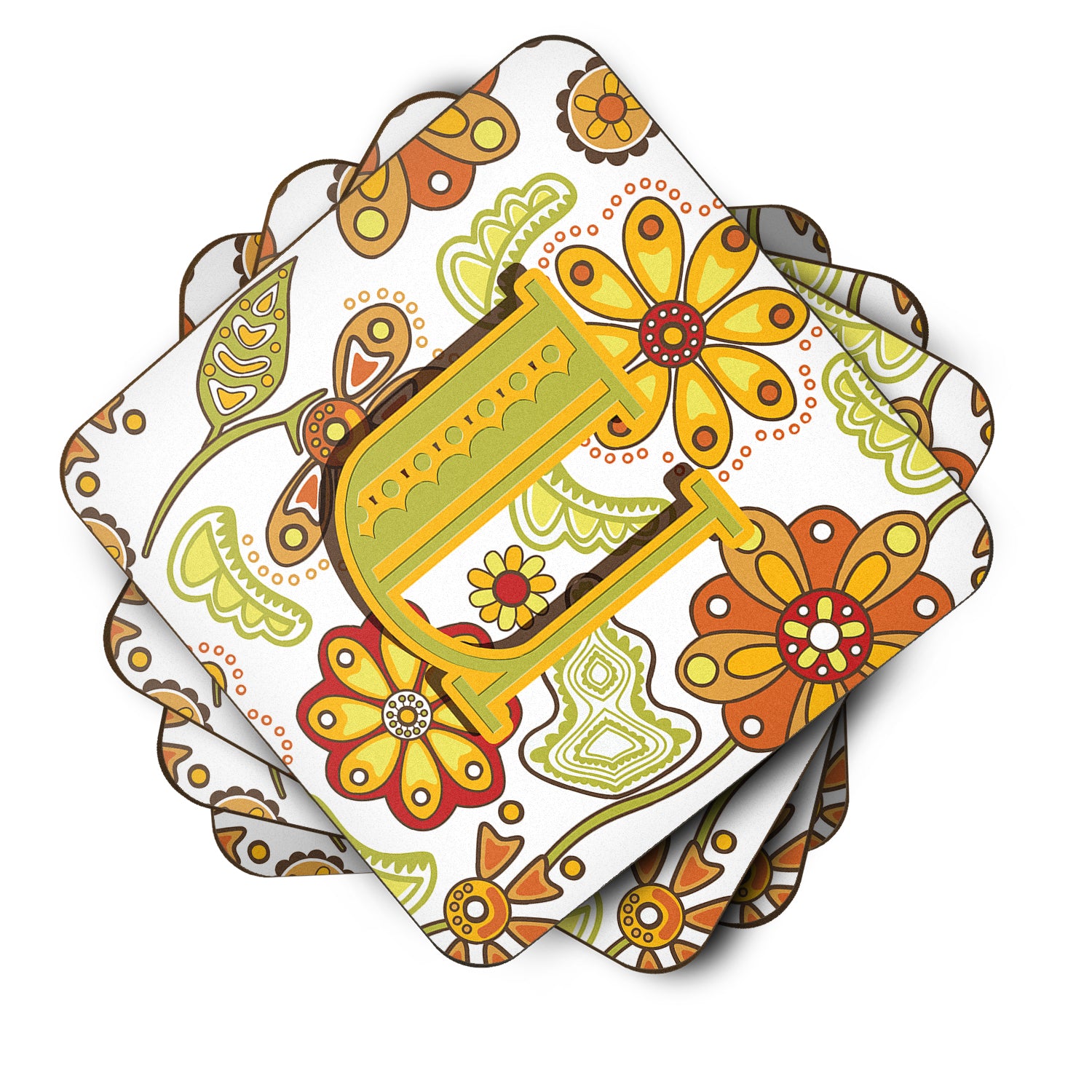 Set of 4 Letter U Floral Mustard and Green Foam Coasters CJ2003-UFC - the-store.com