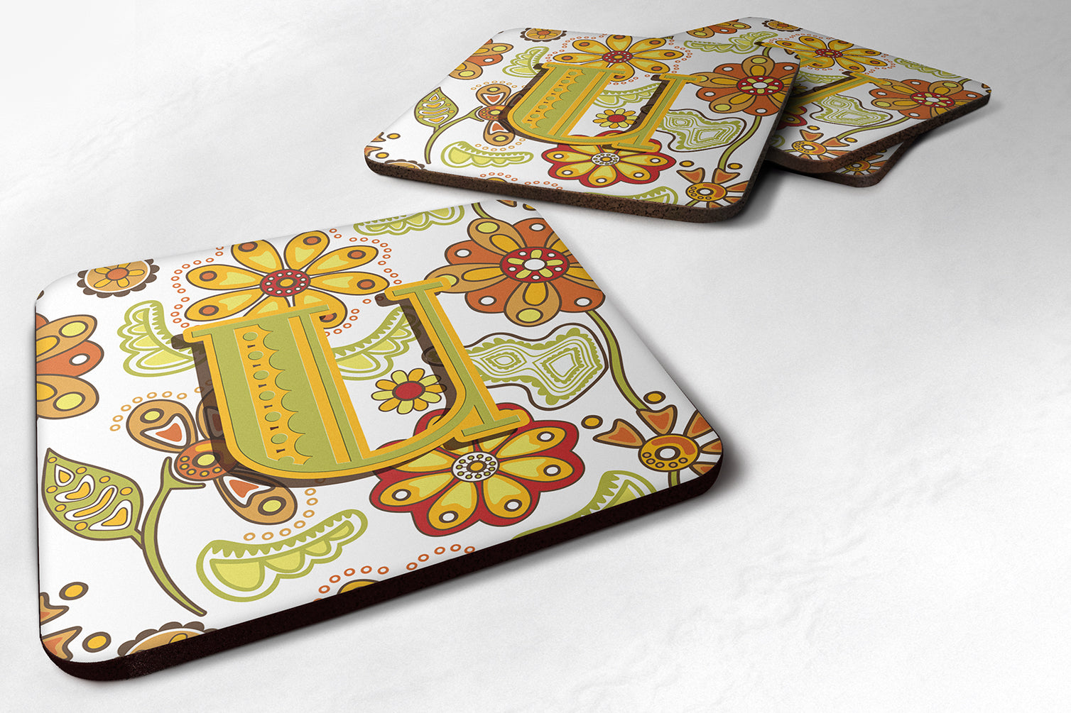 Set of 4 Letter U Floral Mustard and Green Foam Coasters CJ2003-UFC - the-store.com