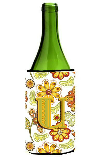 Letter U Floral Mustard and Green Wine Bottle Beverage Insulator Hugger CJ2003-ULITERK by Caroline&#39;s Treasures