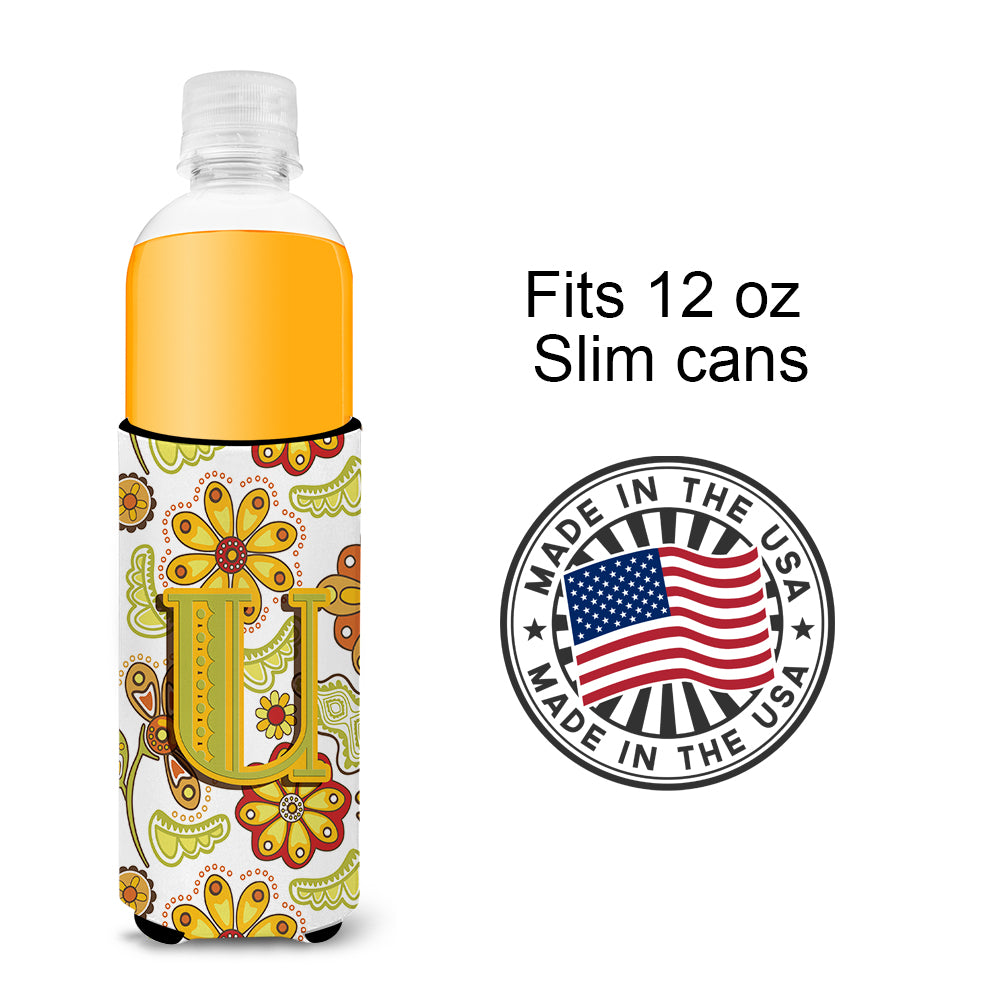 Letter U Floral Mustard and Green Ultra Beverage Insulators for slim cans CJ2003-UMUK