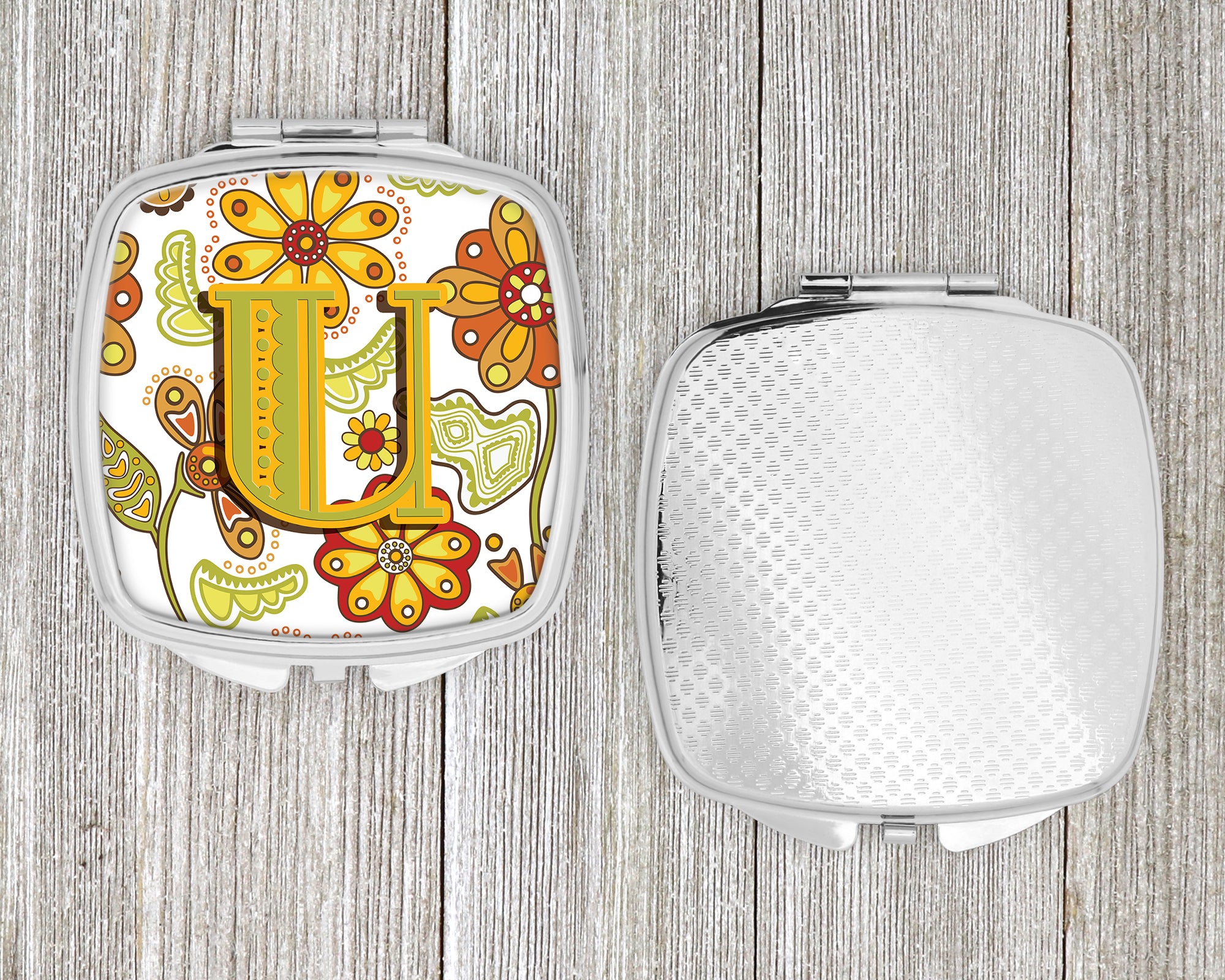 Letter U Floral Mustard and Green Compact Mirror CJ2003-USCM