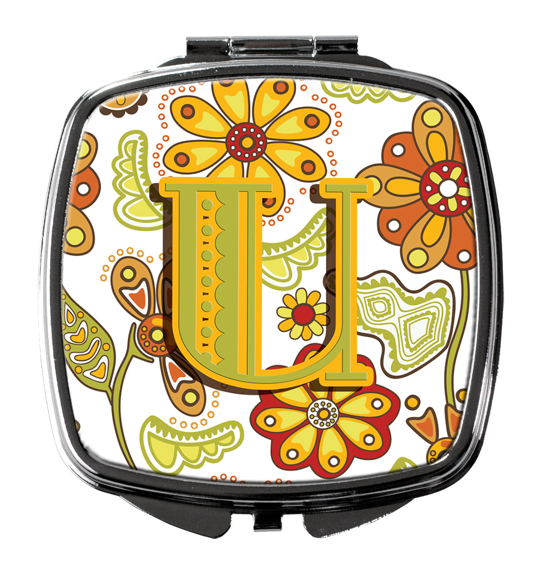 Caroline's Treasures Letter U Floral Mustard and Green Compact Mirror – Stylish Purse Mirror with Artistic Covers CJ2003-USCM