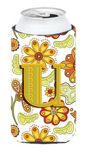 Letter U Floral Mustard and Green Tall Boy Beverage Insulator Hugger CJ2003-UTBC by Caroline&#39;s Treasures