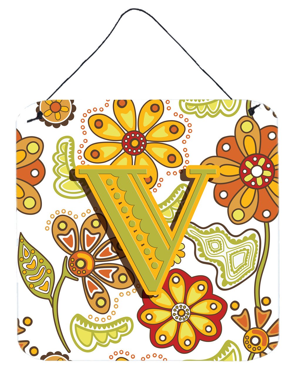 Letter V Floral Mustard and Green Wall or Door Hanging Prints CJ2003-VDS66 by Caroline's Treasures