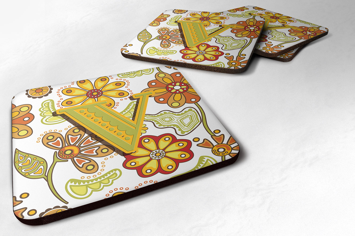 Set of 4 Letter V Floral Mustard and Green Foam Coasters CJ2003-VFC - the-store.com