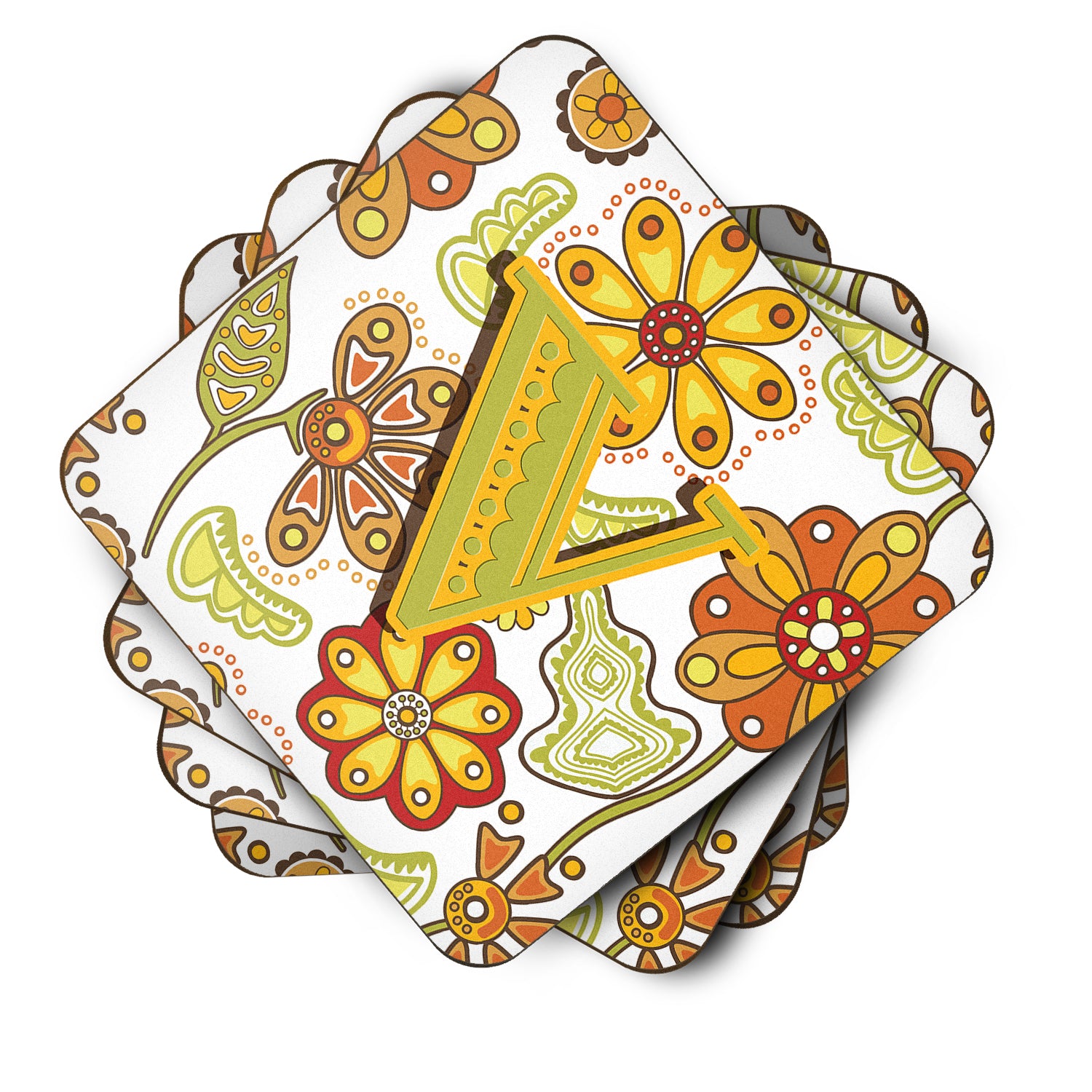 Set of 4 Letter V Floral Mustard and Green Foam Coasters CJ2003-VFC - the-store.com