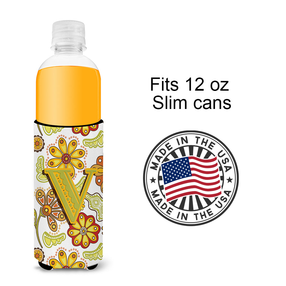 Letter V Floral Mustard and Green Ultra Beverage Insulators for slim cans CJ2003-VMUK.