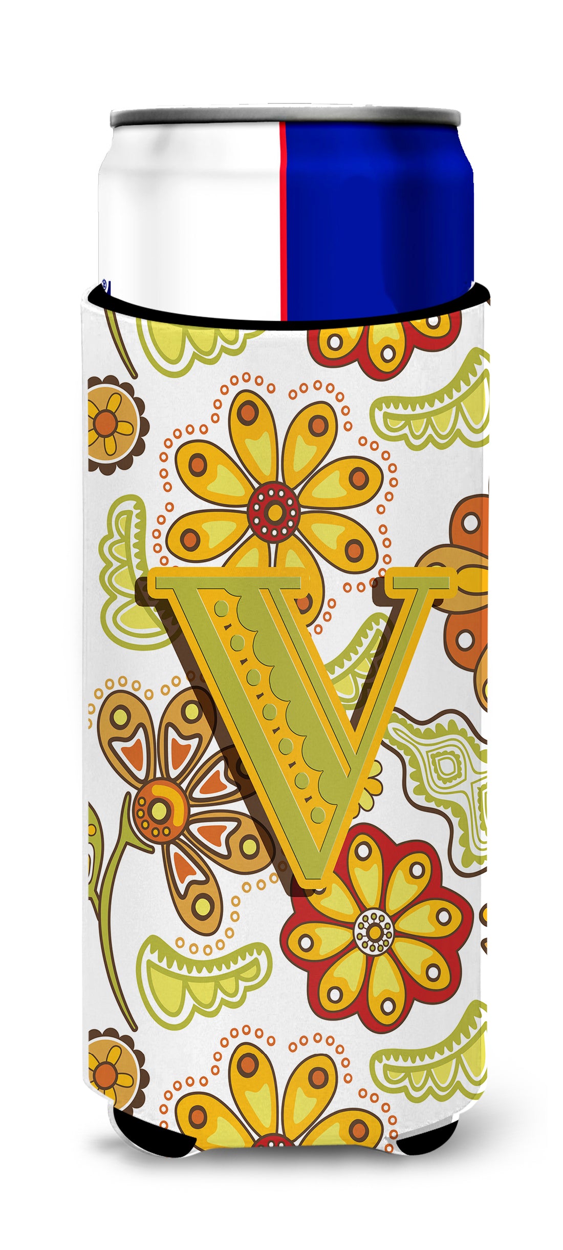 Caroline's Treasures Letter V Floral Mustard and Green Slim Can Hugger – Fun & Functional Drink Coolers CJ2003-VMUK