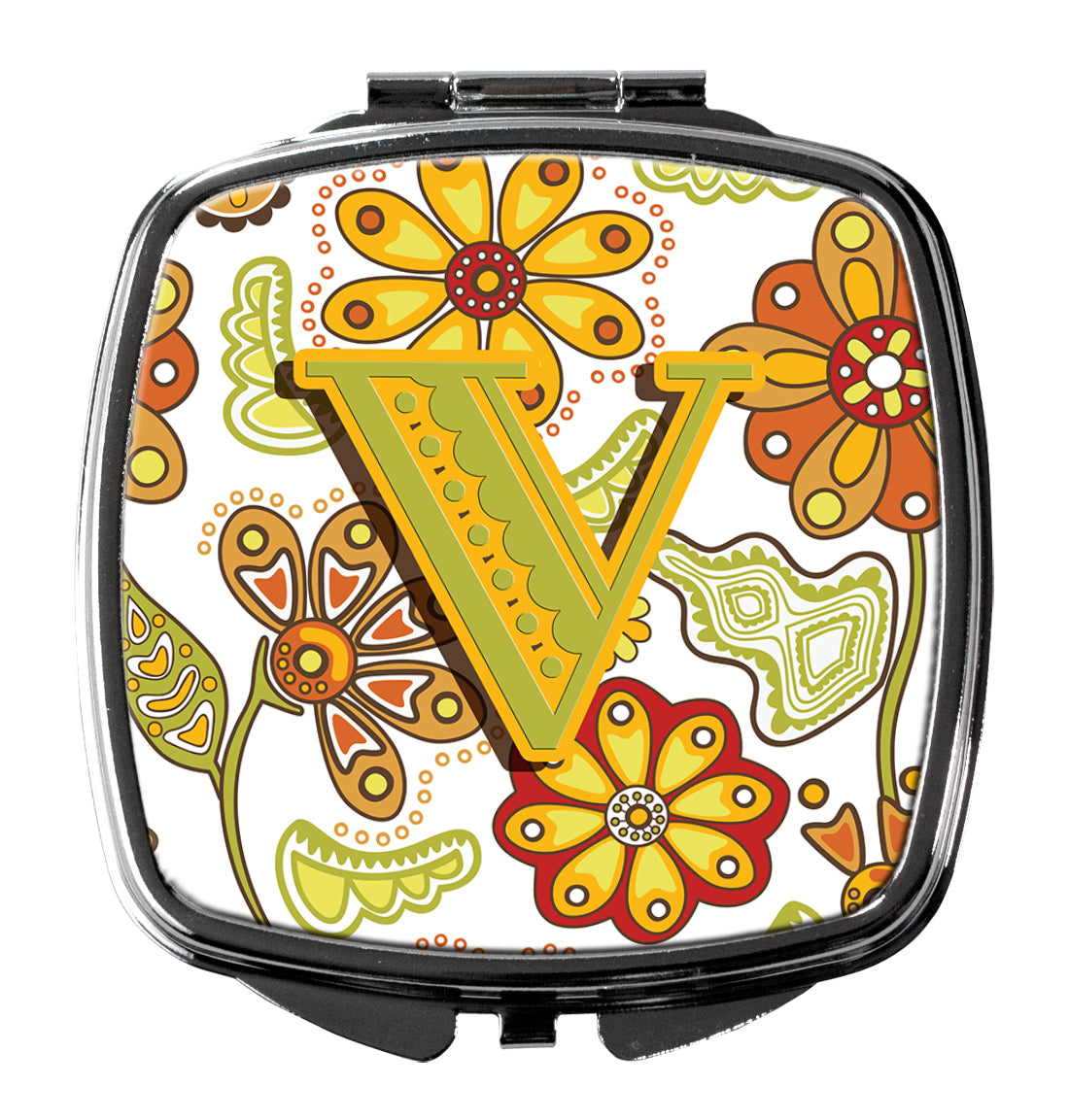 Caroline's Treasures Letter V Floral Mustard and Green Compact Mirror – Stylish Purse Mirror with Artistic Covers CJ2003-VSCM