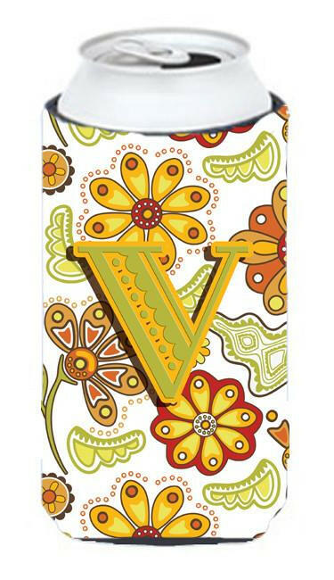 Letter V Floral Mustard and Green Tall Boy Beverage Insulator Hugger CJ2003-VTBC by Caroline's Treasures
