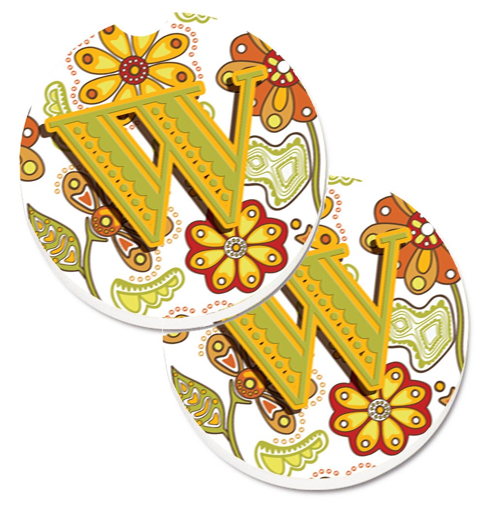 Letter W Floral Mustard and Green Set of 2 Cup Holder Car Coasters CJ2003-WCARC by Caroline's Treasures