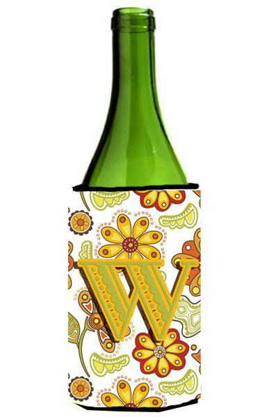 Letter W Floral Mustard and Green Wine Bottle Beverage Insulator Hugger CJ2003-WLITERK by Caroline&#39;s Treasures