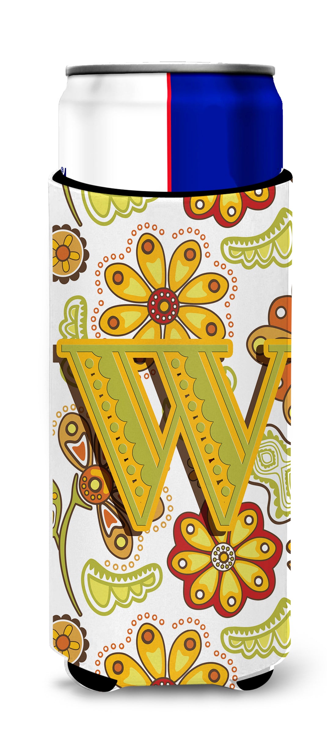 Letter W Floral Mustard and Green Ultra Beverage Insulators for slim cans CJ2003-WMUK.