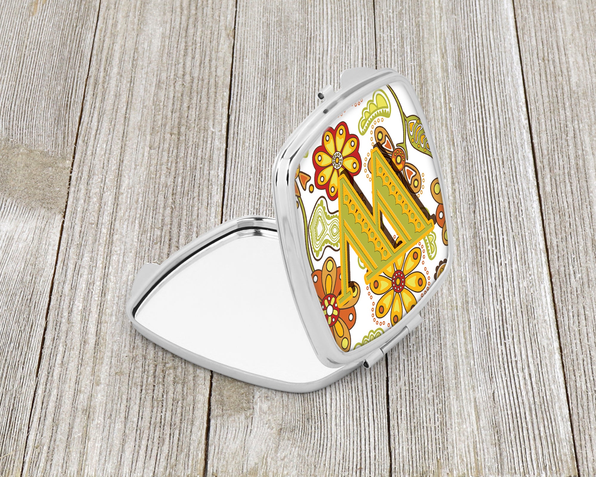 Letter W Floral Mustard and Green Compact Mirror CJ2003-WSCM  the-store.com.