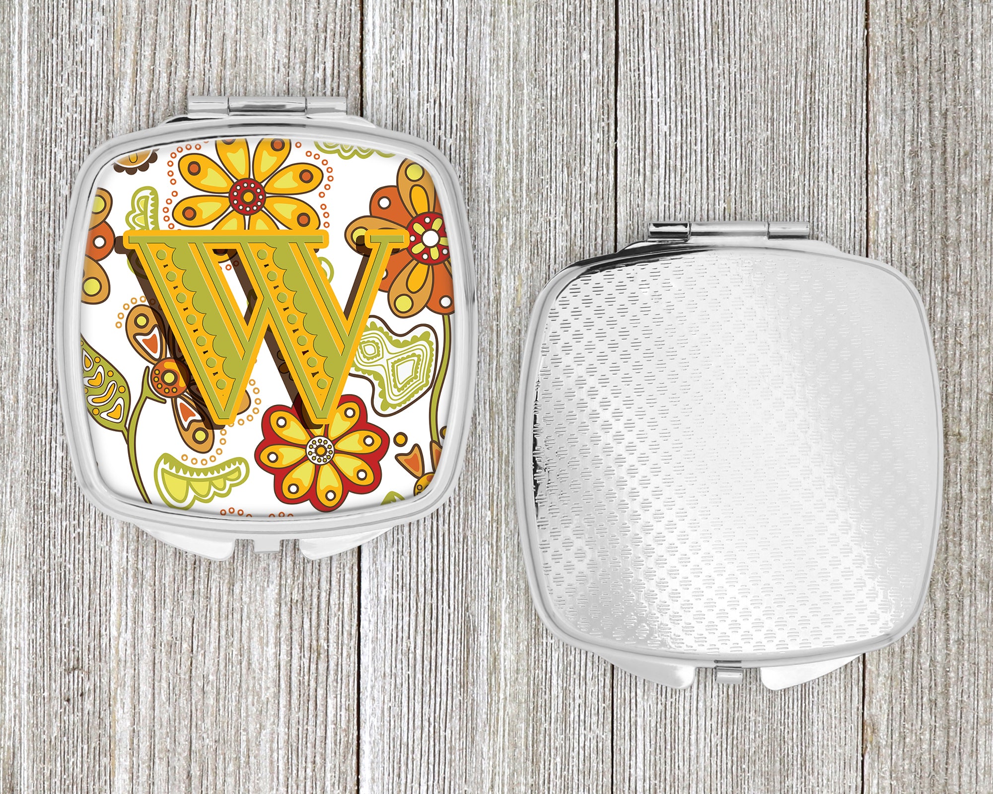 Letter W Floral Mustard and Green Compact Mirror CJ2003-WSCM