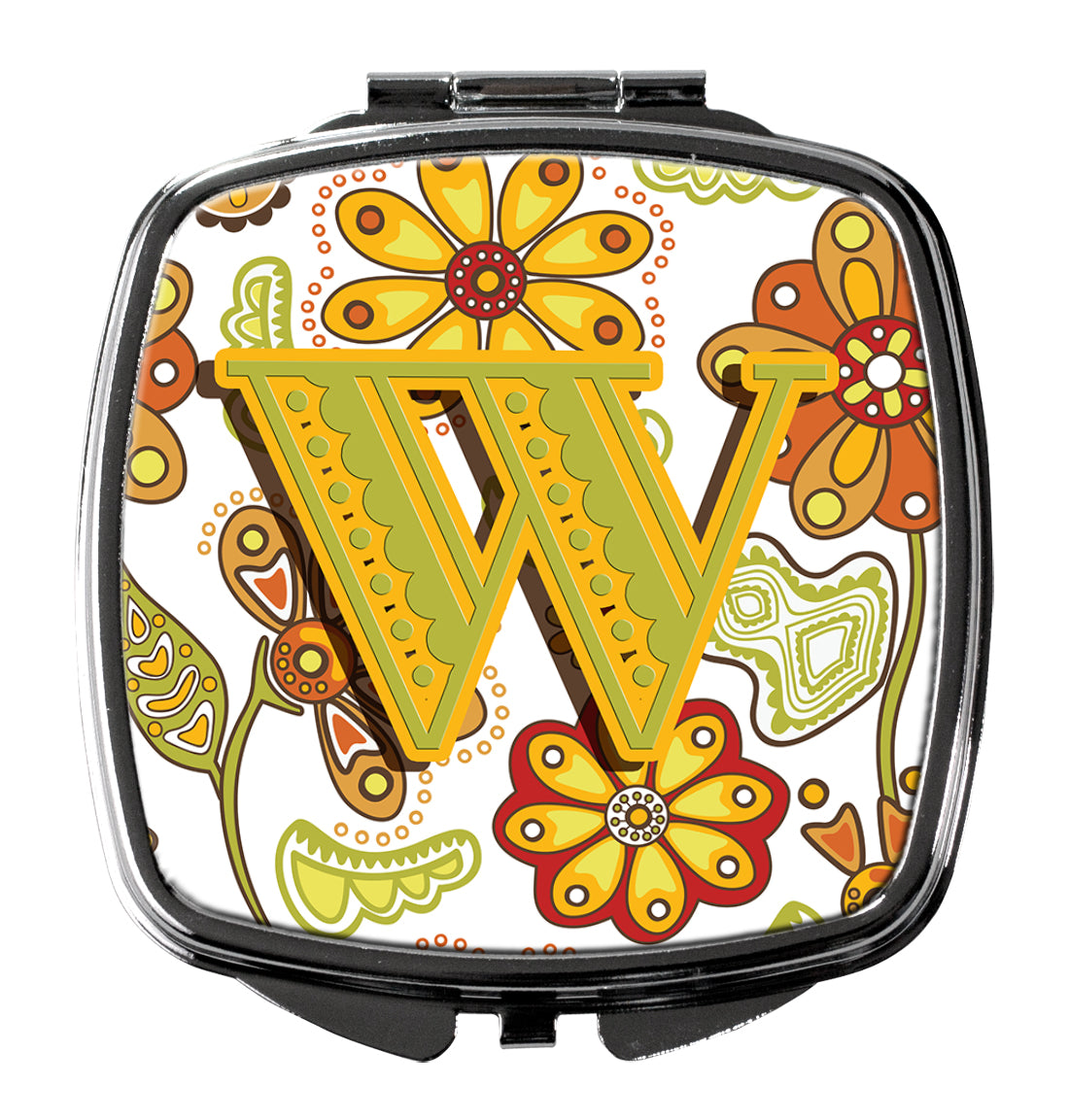 Letter W Floral Mustard and Green Compact Mirror CJ2003-WSCM  the-store.com.